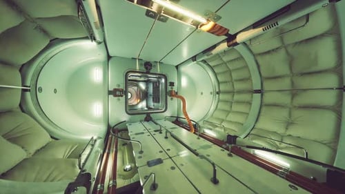 Vue intérieure d'un module de station spatiale présentant des chambres à coucher en orbite