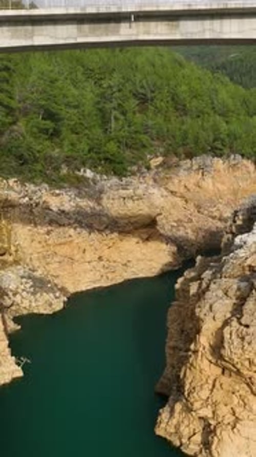 Vertical Video Mountain Reservoir Fruitful Farms and Cloudy Weather in Southern Turkey