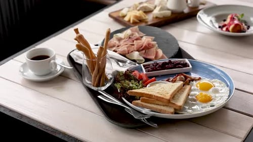 Delicious Breakfast Food on Wooden Table with Coffee