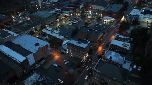 Rainy November day in historic town of USA at dusk. Aerial birds eye shot. Apartment houses and offi