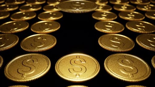 Golden Dollar Coins Lined Up In A Row