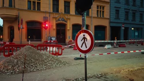 In an Urban Construction Zone with a Traffic Light and Pedestrian Sign All in Stunning Resolution