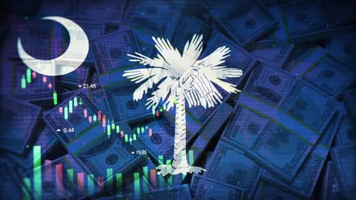 South Carolina Flag On Economic Background With Decrease Bar Chart Graph And Arrow