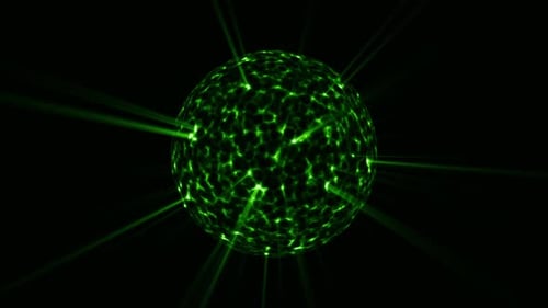 Looped animation of green energy sphere with cellular surface patterns and radioactive light rays