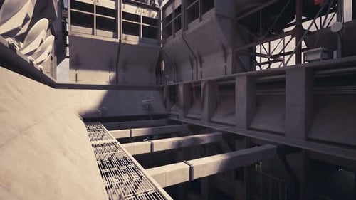 Exploring an Expansive Industrial Space with Structural Details and Machinery