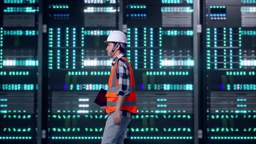 Asian Male Holding Tablet While Walking in Data Center