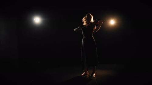 Female Student of Musical School Playing Violin on Stage Classic Music Concert Fulllength Portrait