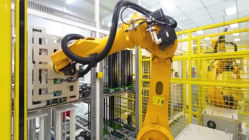 Massive factory equipped with Industrial Robot Automated Robotic Arms Working Assembling Automated M
