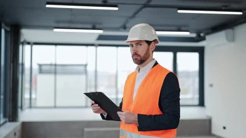 Confident Engineer in an Office Building Inspects Construction with Clipboard