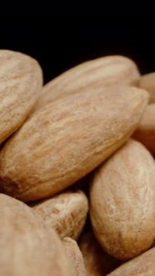 Vertical video. The Camera Moves Through a Mountain of Almonds on the Table.