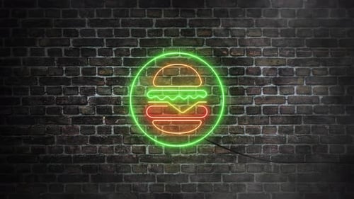 Animated Neon Burger Sign on Brick Wall