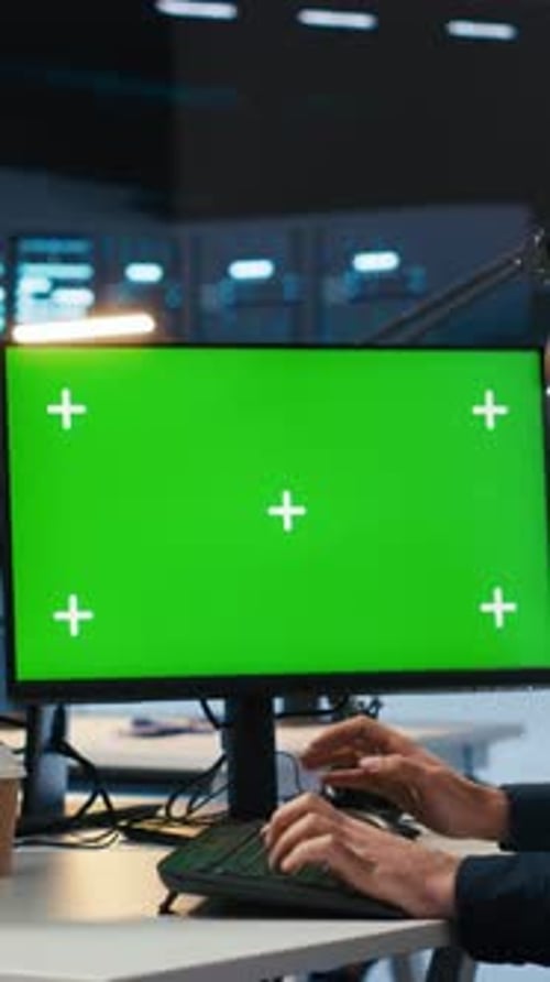 Vertical Video Developer Programming on Multi Monitor Isolated Screen PC Setup in Data Center