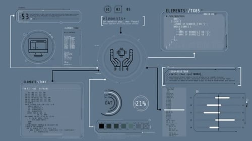 Pantalla animada con códigos de computadora y elementos infográficos