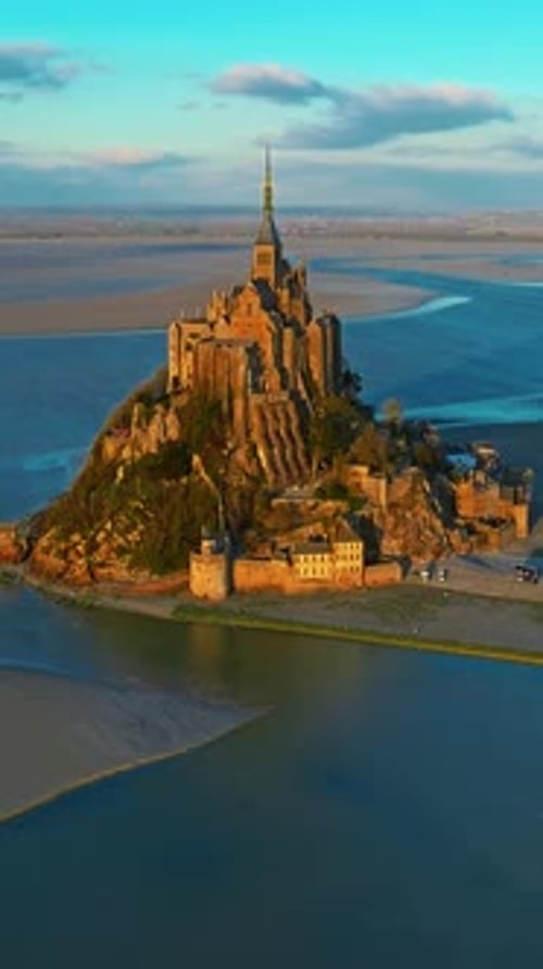 Aerial View of the Famous Historic Abbey Mont Saint Michel Historic Monastery with Tidal Flats