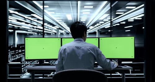 Rückansicht eines asiatischen männlichen Programmierers, der auf Greenscreen-Desktops auf einem Tisch im Serverraum tippt