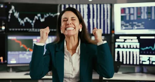 Woman, face and trading success with computer for stock market, finance bonus