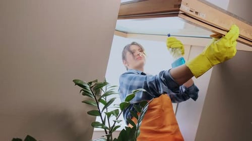 Homework for the weekend. Young pretty woman washing window in cozy living room at home. Cleaning pr