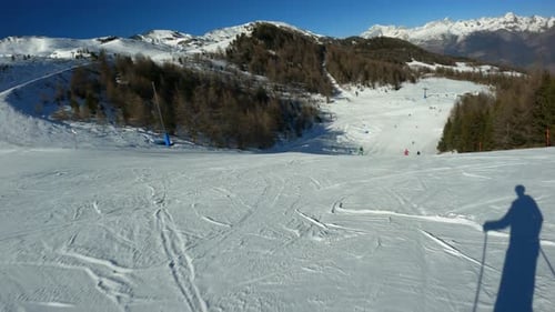 POV Downhill Skiing At Ski Resort