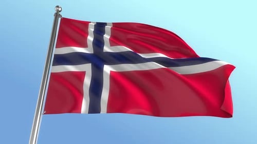 Waving Norwegian Flag on a Pole with Blue Sky
