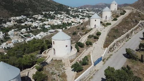 Greece,Leros Island,Drone Footage of the famous windmills of the Island, focusing on the windmills
