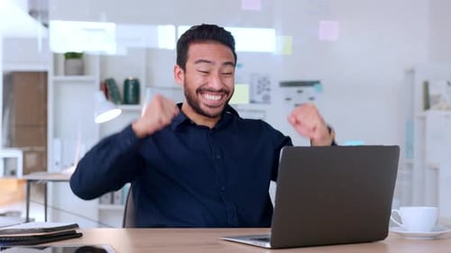 Happy, excited trader scoring a win by buying the right stock in the finance market