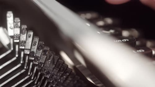 Close View Inside Typewriter Type Bars Extreme and Human Hand Print Letter Cinematic Shot of Hammers