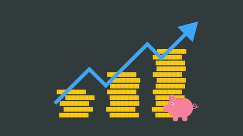 Financial Planning Concept with Blue Arrow, Gold Coins, and Pink Piggy Bank.