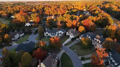 Aerial View of American Houses Surrounded By Colorful Trees in Autumn USA