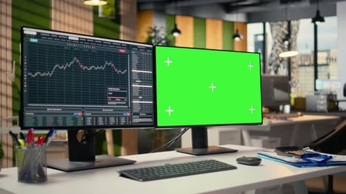 Trading Software in Proprietary Firm Office with Graphs on Green Screen PCs