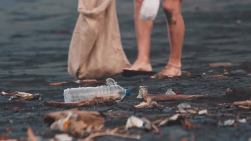 Volunteer Cleaning Up Trash on Polluted Beach
