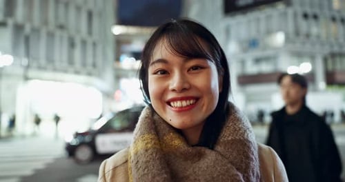 Travel, smile and face of Asian woman in the city on exploring vacation, adventure or holiday