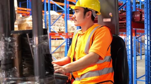 Warehouse worker working. Warehouse import export product. Warehouse store shelves