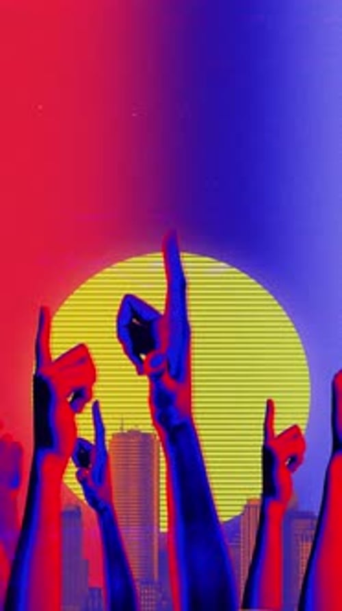 Retro Synthwave Hands Animation with City Skyline Background