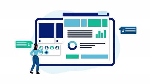 Teamwork animation analyzing website data on a dashboard. Suitable for web development.