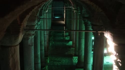 The illuminated Basilica Cistern or Yerebatan Cistern in Istanbul, Turkey
