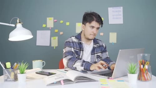 Young Adult Working at Desk Celebrates Success