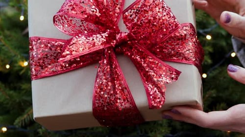 Frau hält Geschenkbox vor Weihnachtsbaum mit eingeschalteten Lichtern