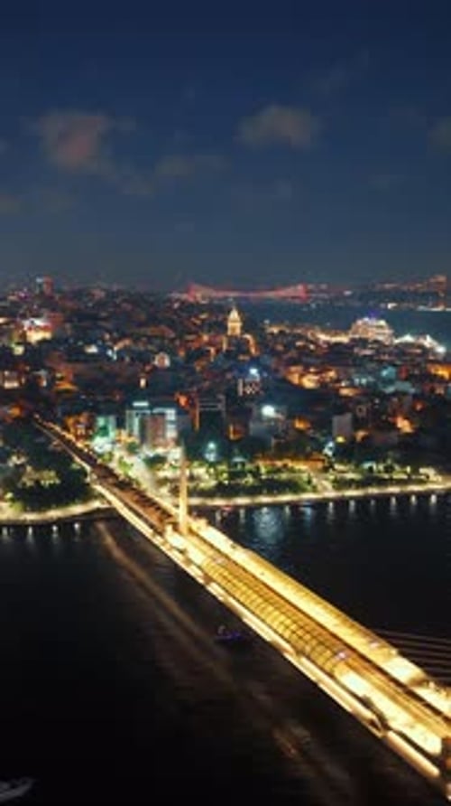 Aerial view of Istanbul bridges and cityscape at night