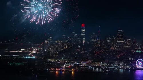 Aerial Fireworks Display Over San Francisco During July 4 Independence Day Celebration