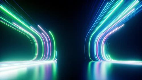 Abstract neon background with blue green glowing lines sliding up