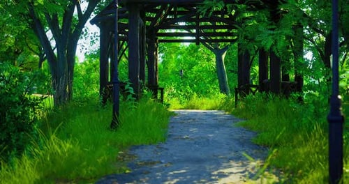 Pathway Through a Lush Green Park Under a Wooden Gazebo During Daytime