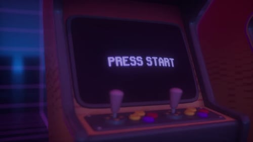Retro-Arcade-Automat mit Startbildschirm und Neonbeleuchtung