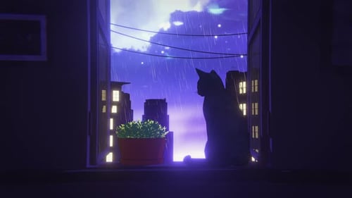 Anime Cat Sitting On A Window On A Rainy Night Loop