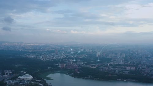 smart Connected city skyline. Futuristic network concept, city Technology