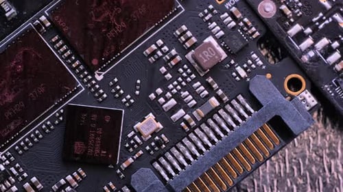 Microchip and microprocessors, top view close up. Computer motherboard components, PC chip.