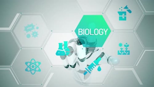 Robot Hand Interacts with Digital Biology Icons Display