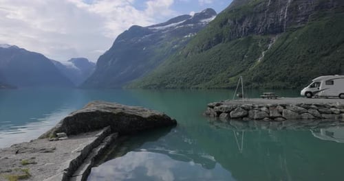 Family vacation travel RV, holiday trip in motorhome. Beautiful Nature Norway natural landscape.