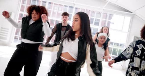 Art, hip hop and music with people in dance studio for choreography, rehearsal or training together