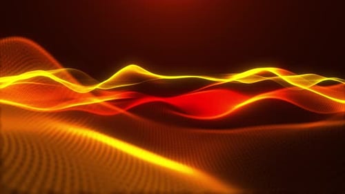 Digital orange particles wave with motion abstract futuristic background, Cyber technology, 3D, 4K