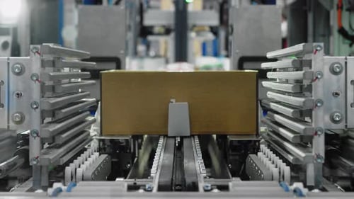 Goods being packaged in carton boxes by automated machinery; mechanization
